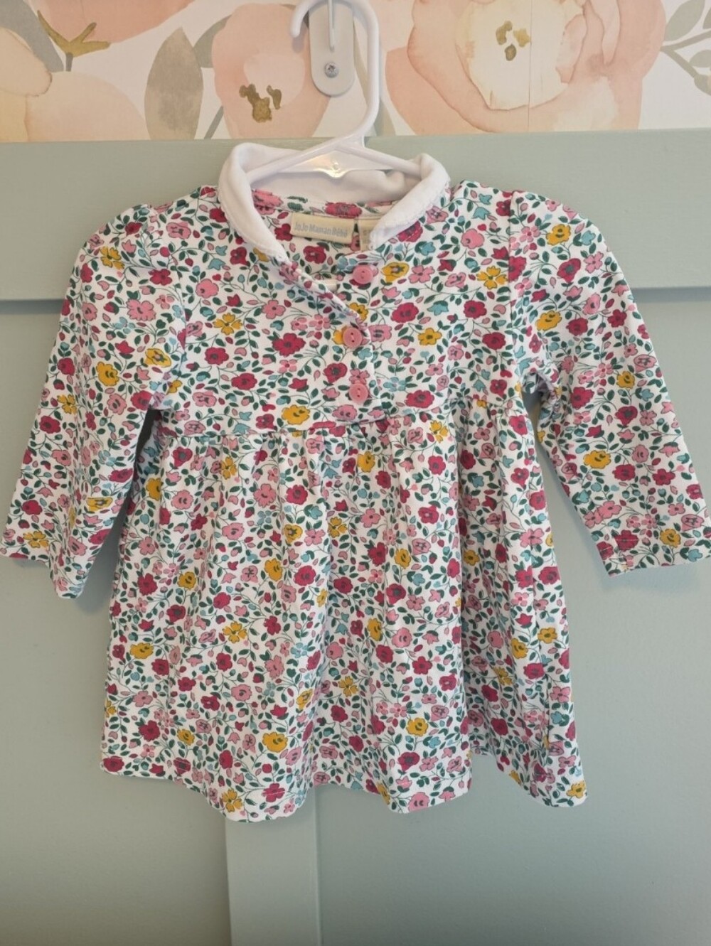 JoJo Maman Bebe White Cotton Long Sleeves 6-12 Months Dress  Floral Print